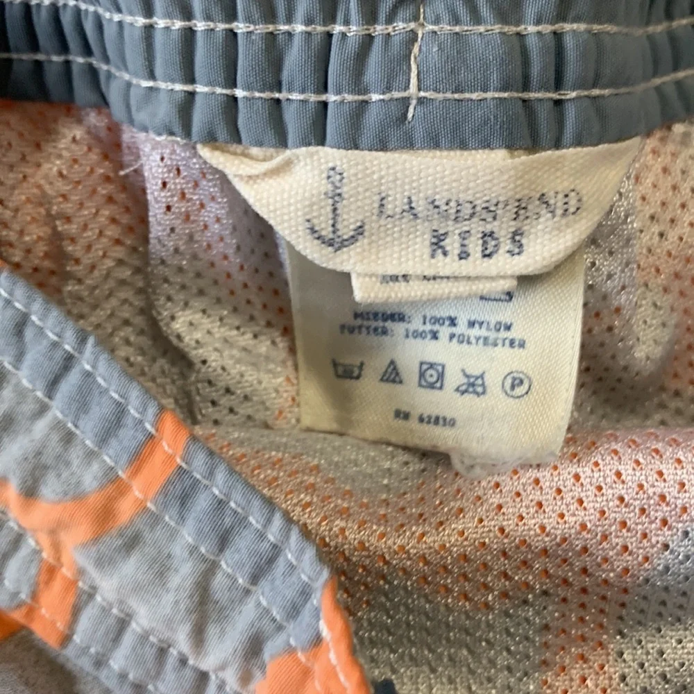 LANDS END Kids Swim Trunks Orange Gray Swimsuit Shorts Medium (5-6)